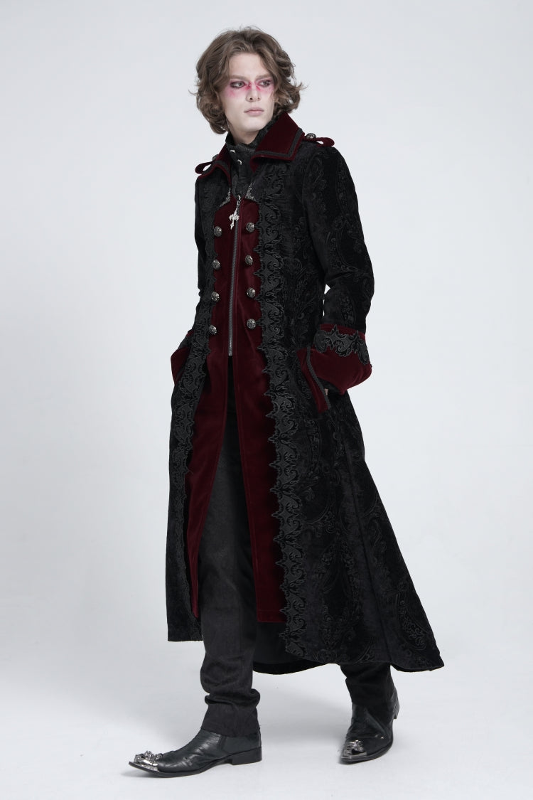 Crimson Noir Zipper Embroidery Lapel Collar Men's Gothic Coat