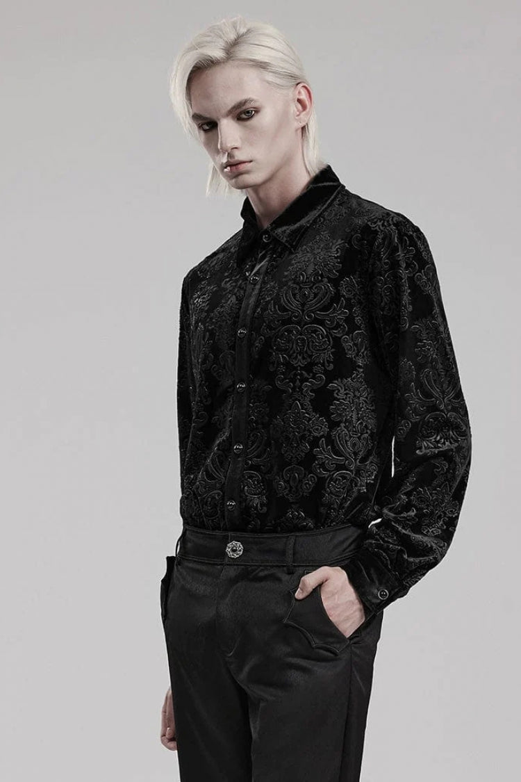 Gothic Men's Velvet Blouse with Embossed Print - Long Sleeve - Dual Colors