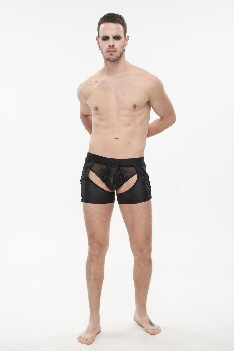 Men's Punk Shorts with Lace-Up Perspective & Slim Fit in Black Knit