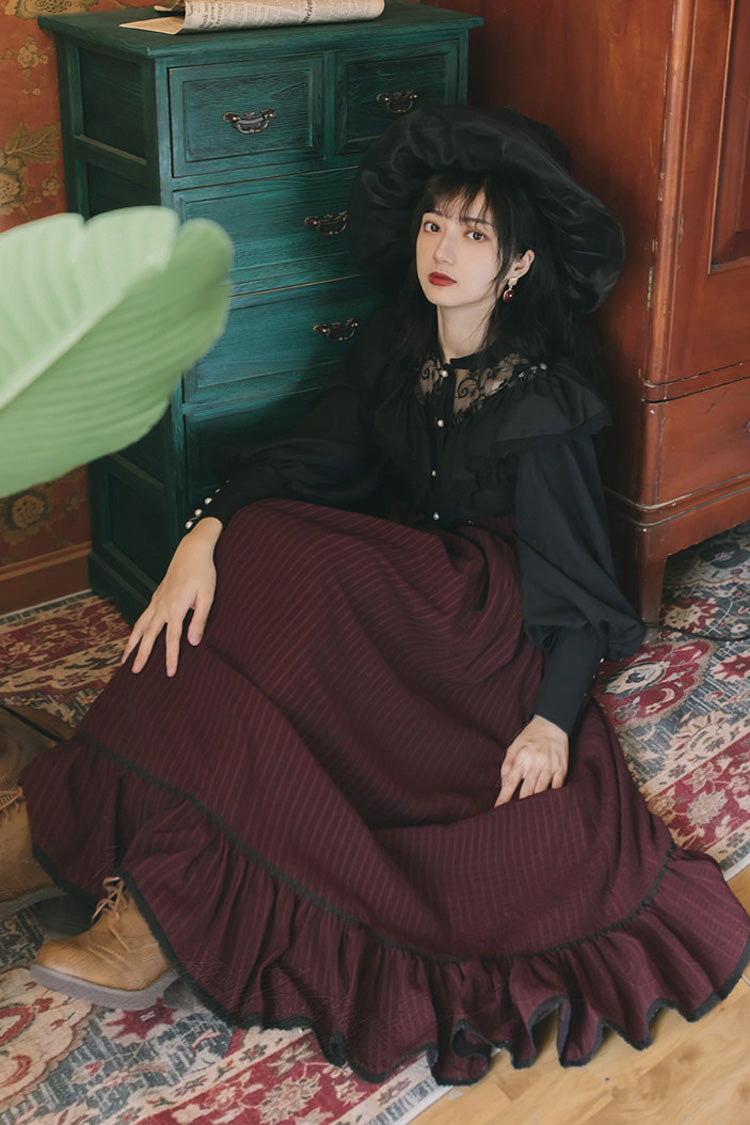 Crimson Noir High-Waist Lace Print Vintage Lolita Skirt Set with Long Sleeves