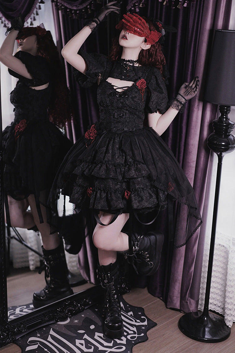 Crying Rose Double-Layer Ruffled Embroidered Bow Lace Gothic Ballet Lolita Skirt Set in 4 Shades