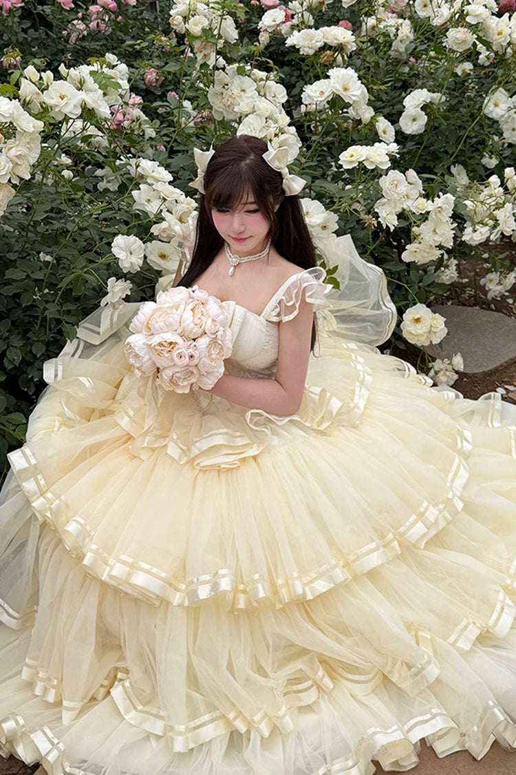 Sweet Organza Satin Sleeveless Multi-Layered Ruffled Hanayome Bow Lace Sweet Elegant Princess Lolita Jsk Dress