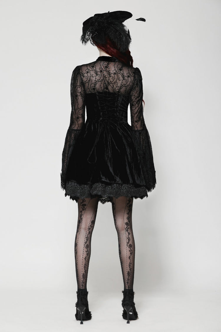 Floral Jacquard Lace-Up Mini Dress with Trumpet Sleeves and Cut-Outs