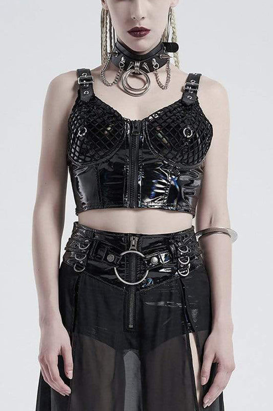 Punk Vest with Metal Buckle Straps, Mesh Splice & Press Glue Detail