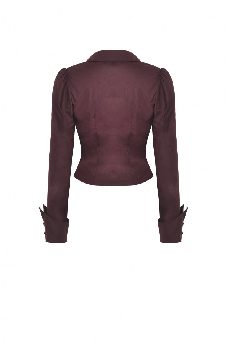 Burgundy Turn-Down Collar Ruffled Long Sleeve Gothic Women's Blouse