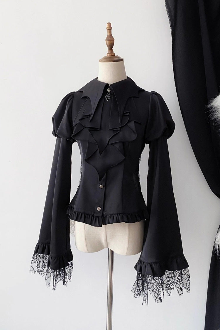 Gothic Lolita Blouse with Bat Collar, Long Sleeves, Ruffle in 3 Colors