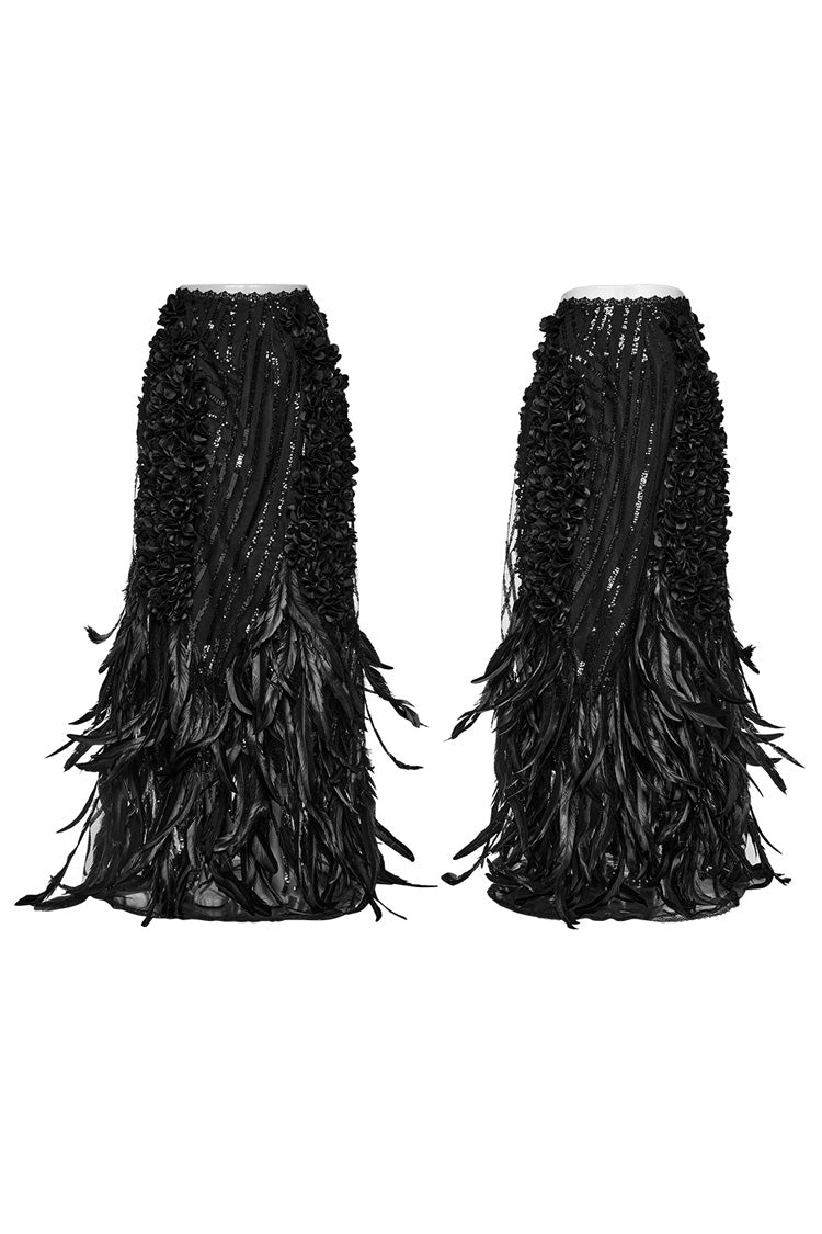 Gothic Skirt with Sequin and Feather Details for Women - Noir