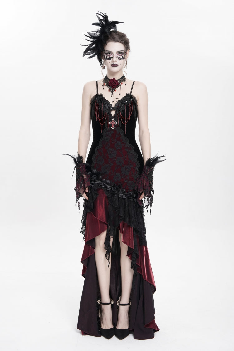 Crimson Gothic JSK with Embroidered Lace and Sleeveless Bardot Neckline