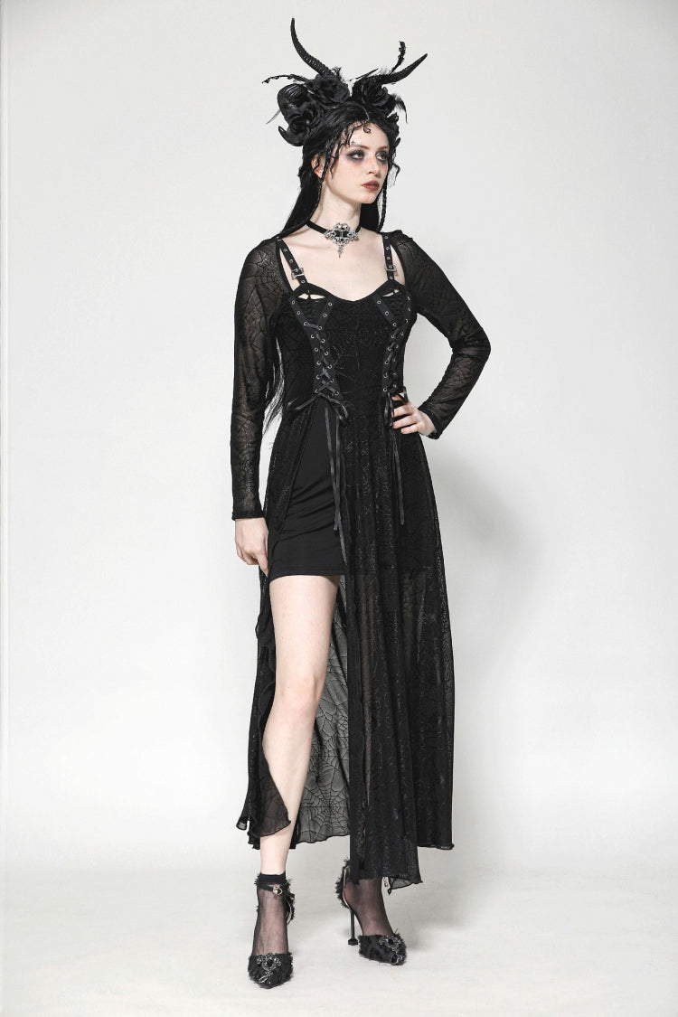 Elegant Witch Long Dress with Spiderweb Lace-Up and Extended Sleeves