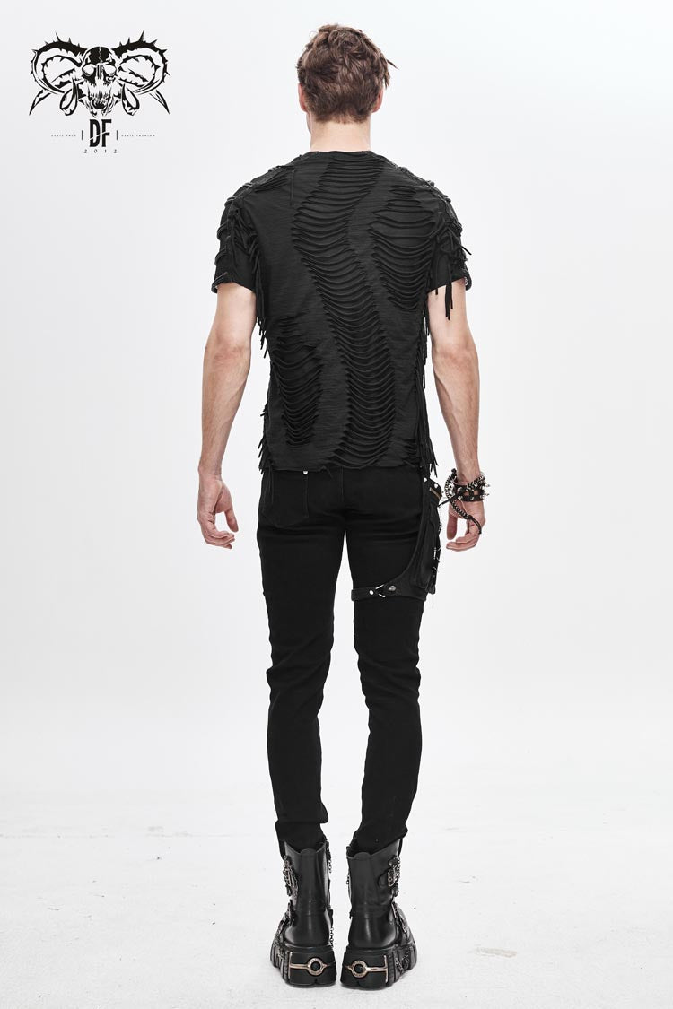 Punk T-Shirt with Tattered Stripes and Mesh Sleeves