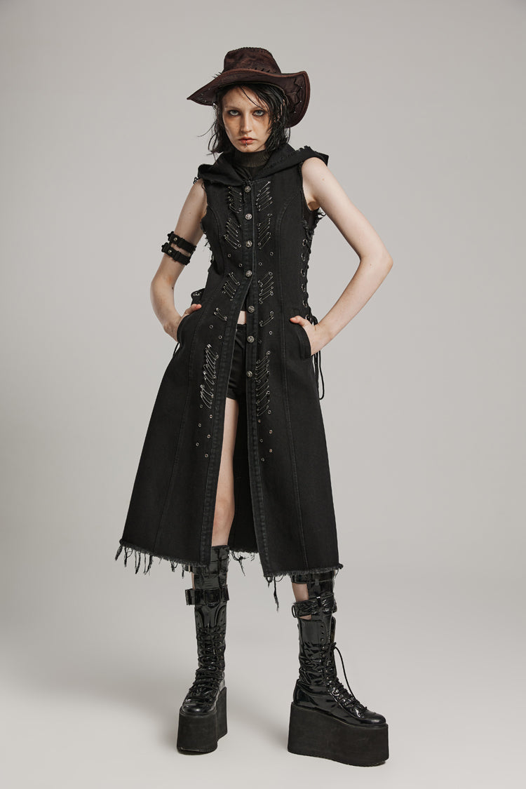 Sleeveless Hooded Vest with Drawstring and Pin Details