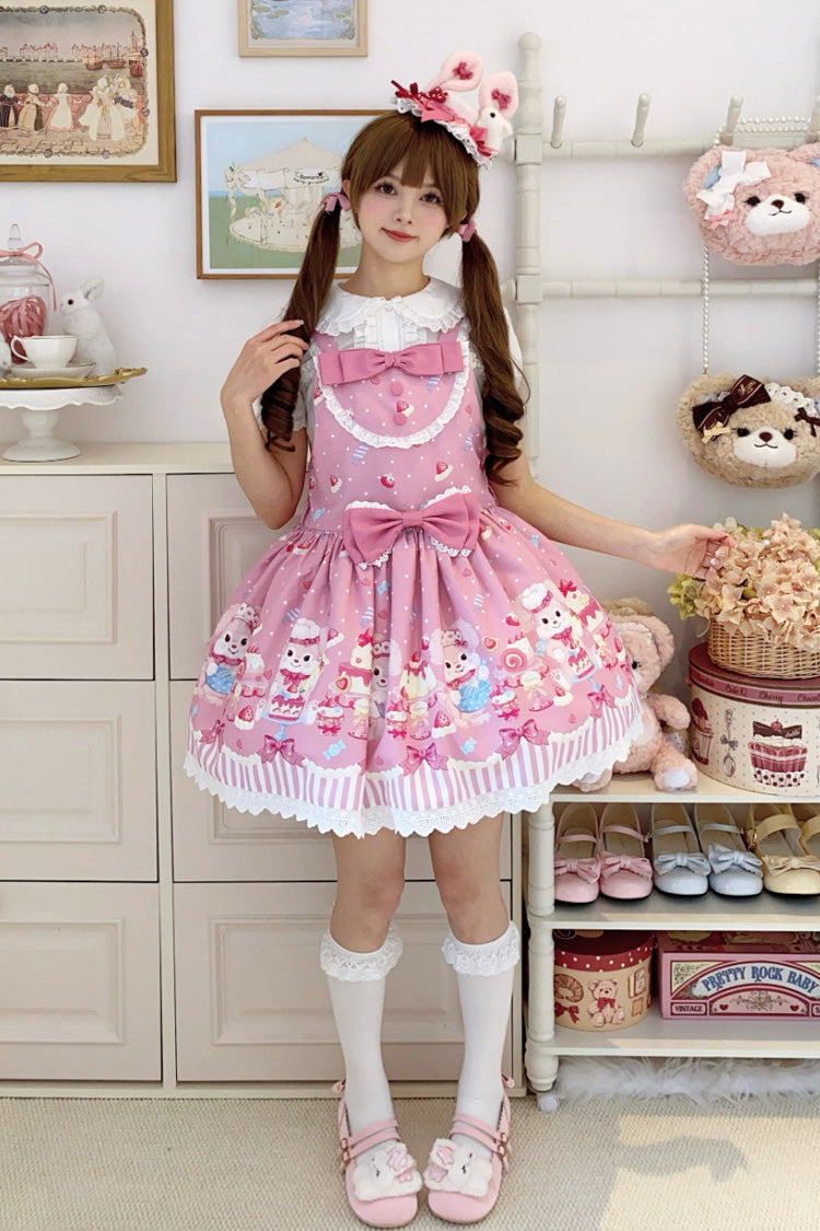 Rose Cupid Bunny Print Sleeveless Bow Princess Lolita Strappy Dress