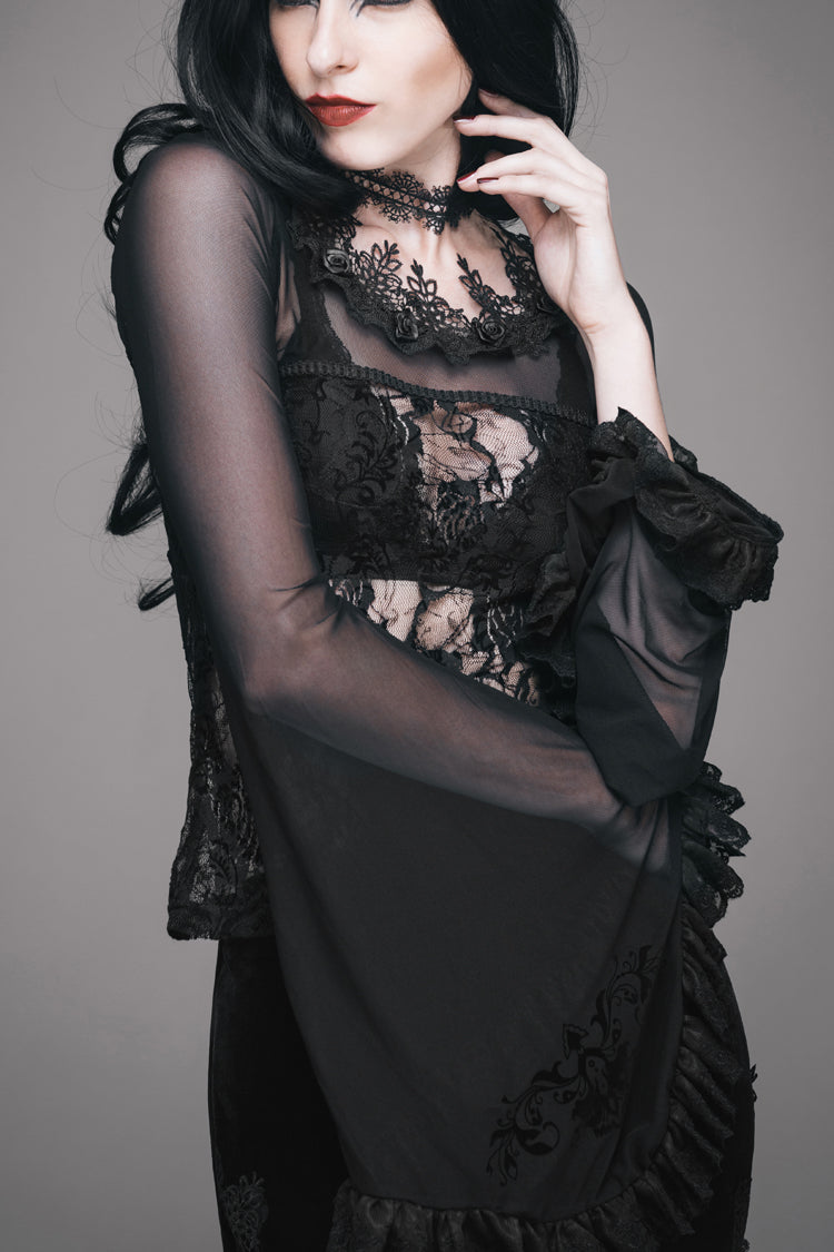 Gothic T-Shirt with Big Flare Sleeves Rose Lace and Mesh Collar