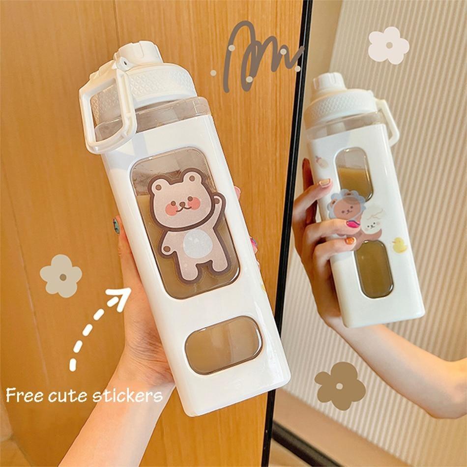 Candy Bun Water Bottles - 900ml / White Waving Bear - bottles, drinking, drinkware, glass, glass bottle