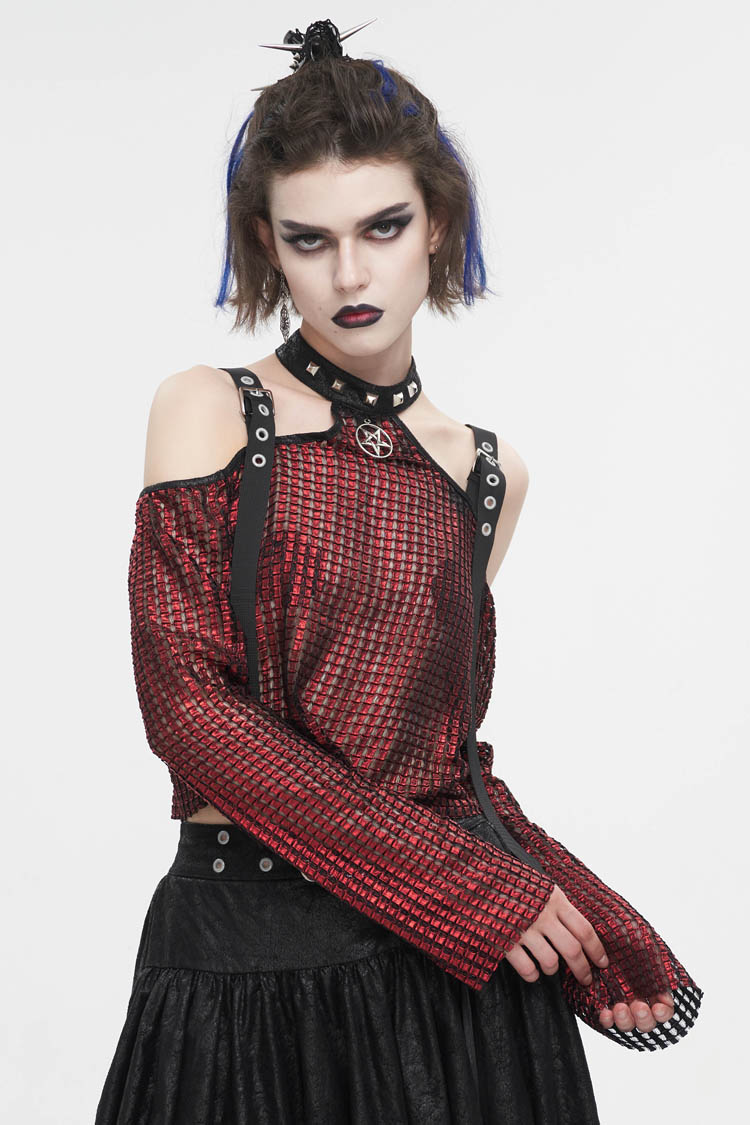 Crimson Gothic Crop Top with Buckle Details and Sheer Fabric