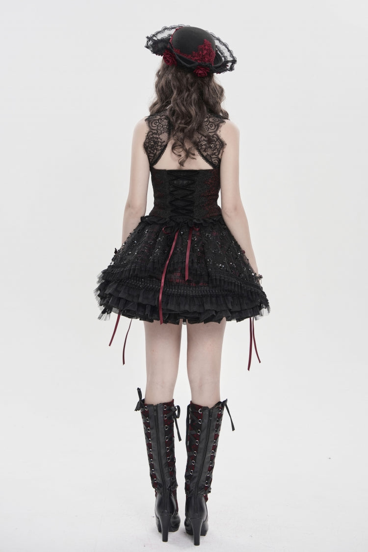 Crimson & Noir Off-Shoulder Double-Layer Embroidered Lace-Up Fitted Gothic Corset Vest