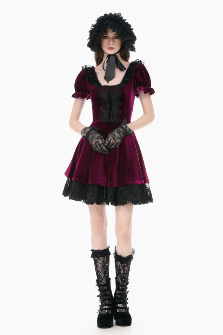 Burgundy Square Collar Short Puff Sleeve Velvet Patchwork Lace Lace-Up Gothic Dress