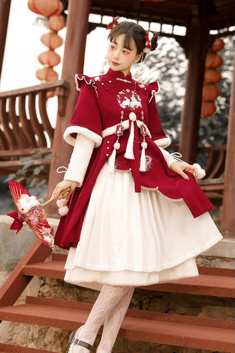 Cherry Rabbit Motif Hanfu Outfit with Long Sleeves and High Rise