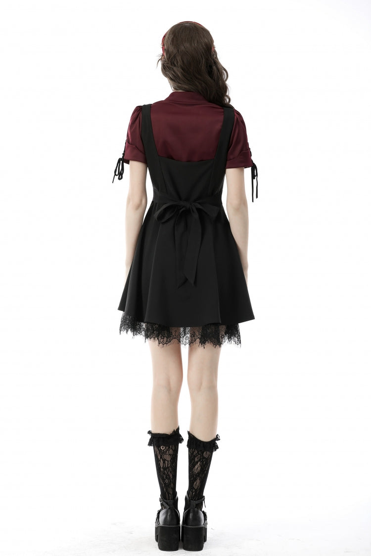 Burgundy Point Collar Short Puff Sleeve Ruffled Gothic Elegant Women's Blouse