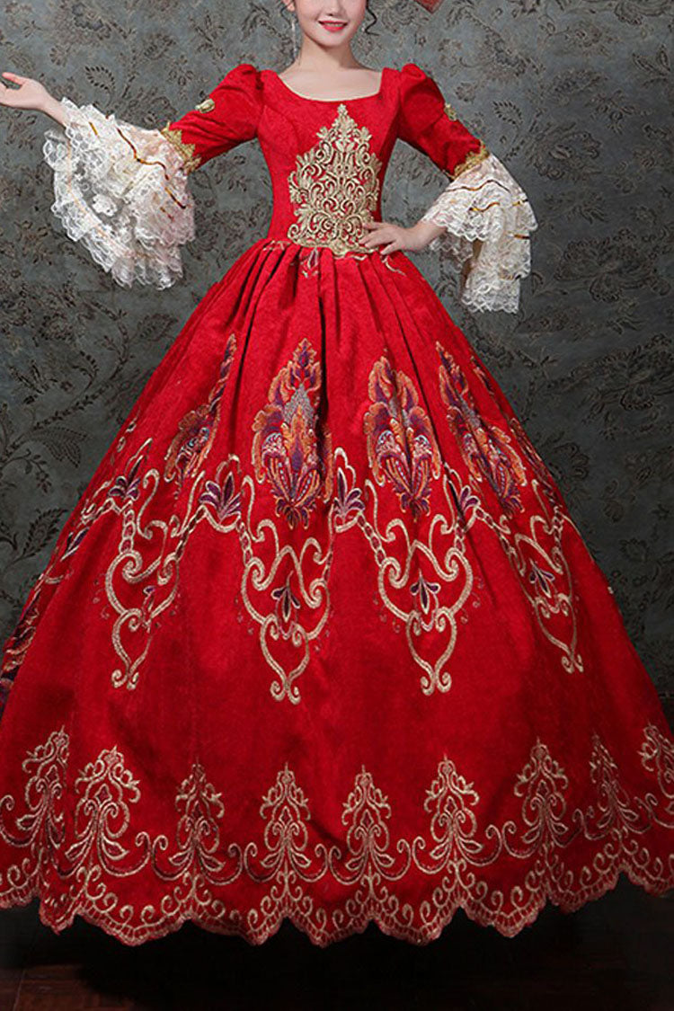 Crimson Victorian Prom Dress with Layered Sleeves and Embroidery