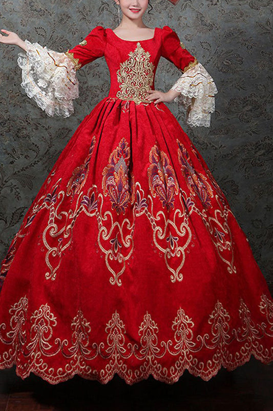 Crimson Victorian Prom Dress with Layered Sleeves and Embroidery