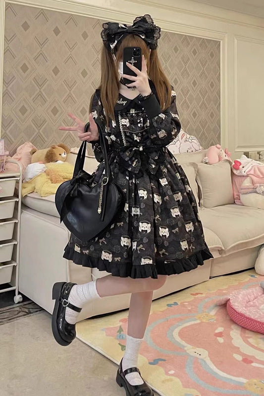 Sweet Lolita Plus-Size Dress with Bowknot and College Style, Long Sleeve