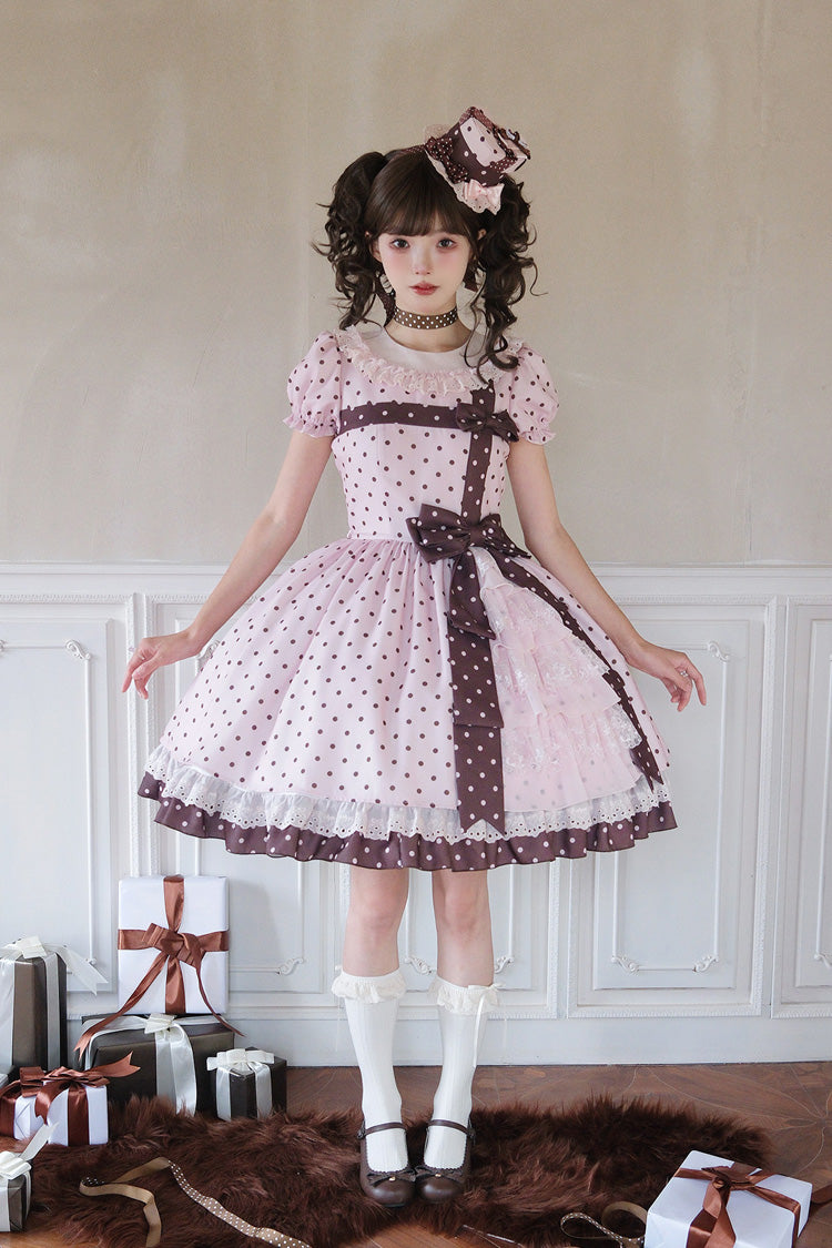 Canelé Gift Box Round Collar Short-Sleeve Polka Dot Ruffle Open Bow Asymmetric Lolita Dress