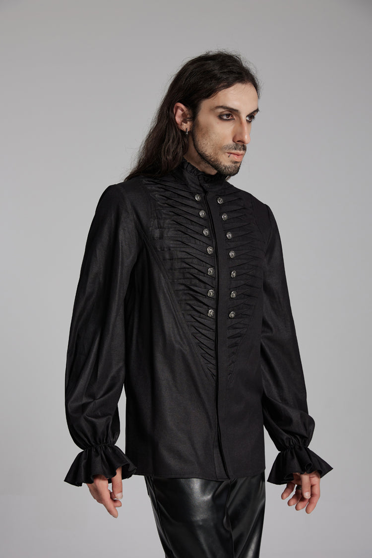 Men's Punk Ruffle Blouse with Beast Buckle Detail, Long Sleeve