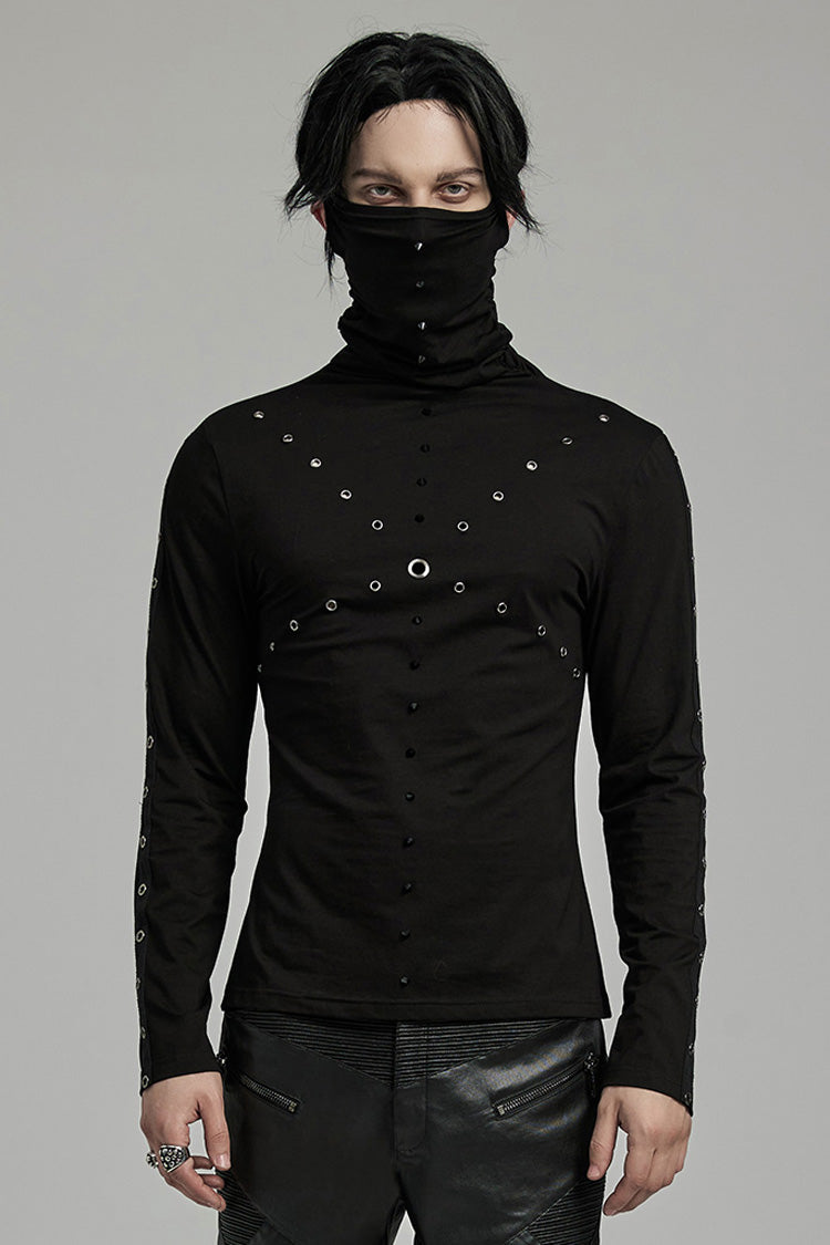 Punk Mesh Blouse with Rivets and Attached Mask, Long-Sleeve Men's Style
