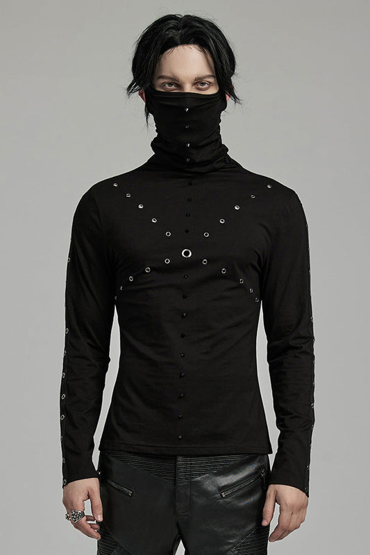 Punk Mesh Blouse with Rivets and Attached Mask, Long-Sleeve Men's Style