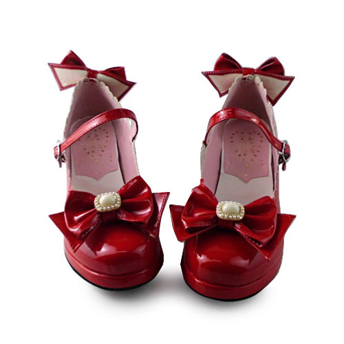 Crimson Sweet Lolita Heels with Bowknot and Mirror Face Design