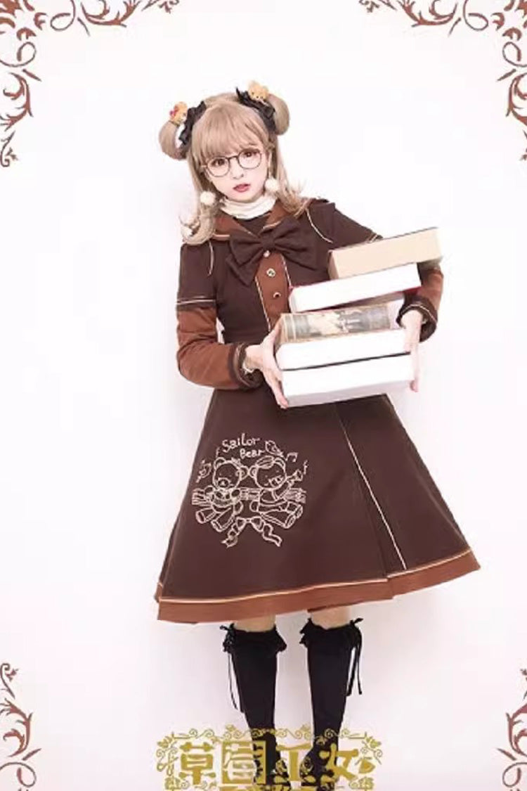 Sweet Lolita Woolen Coat with Bear Print Embroidery and Long Sleeves Bowknot