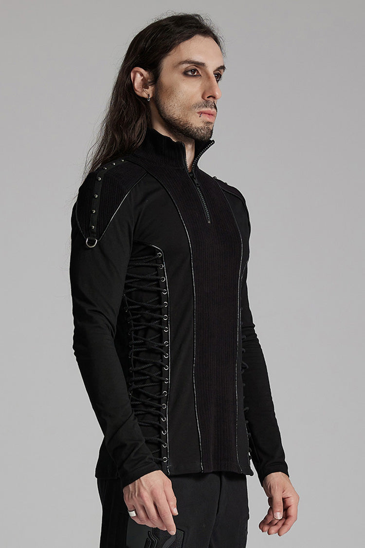 Punk Top with Rivets and Zipper, Drawstring Long-Sleeve Men's Shirt