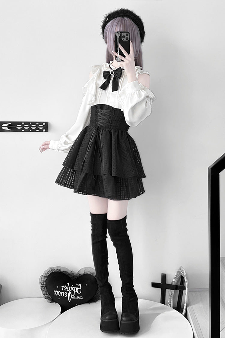 Noir Lace Bowknot Lace-Up Jirai Kei Skirt - Blackberry Rite