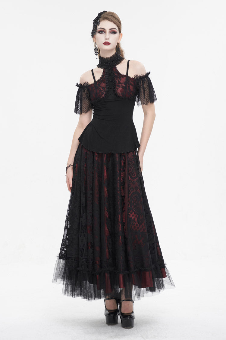 Crimson & Noir Off-Shoulder Lace Round Collar Panel Gothic Shirt