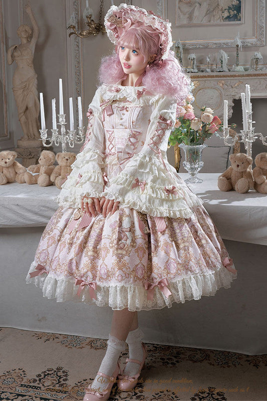 Antique Teddy Bear Sleeveless Printed Bow Lace JSK, Sweet Elegant Lolita