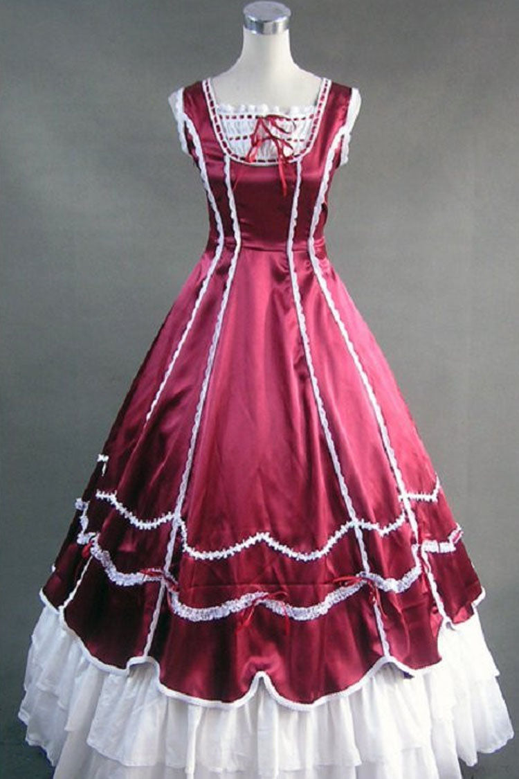 Crimson Square-Collar Sleeveless Pleated Victorian Gothic Dress