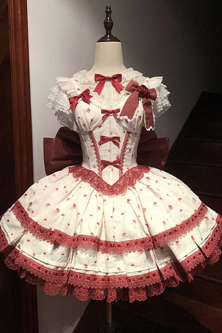 Burgundy First Love Rose Layered Print Ruffle Bow Lace Sweet Lolita JSK Dress Set