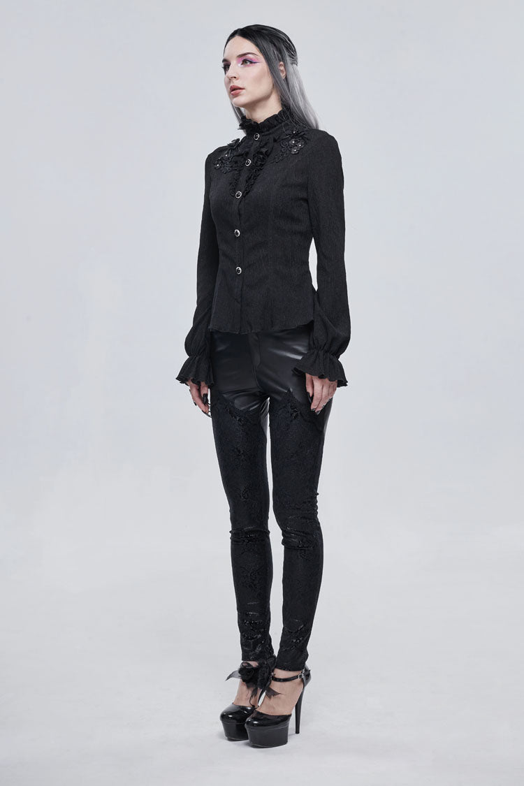 Gothic Shirt with High Neck Lantern Sleeves and Embroidered Details
