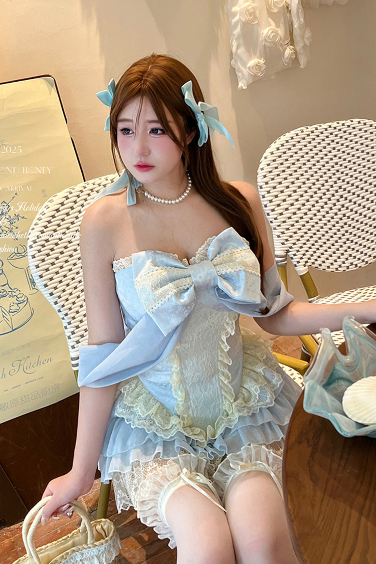 Double-Layered Ruffled Bow Lace Two-Piece Skirt Set - Antique Girl