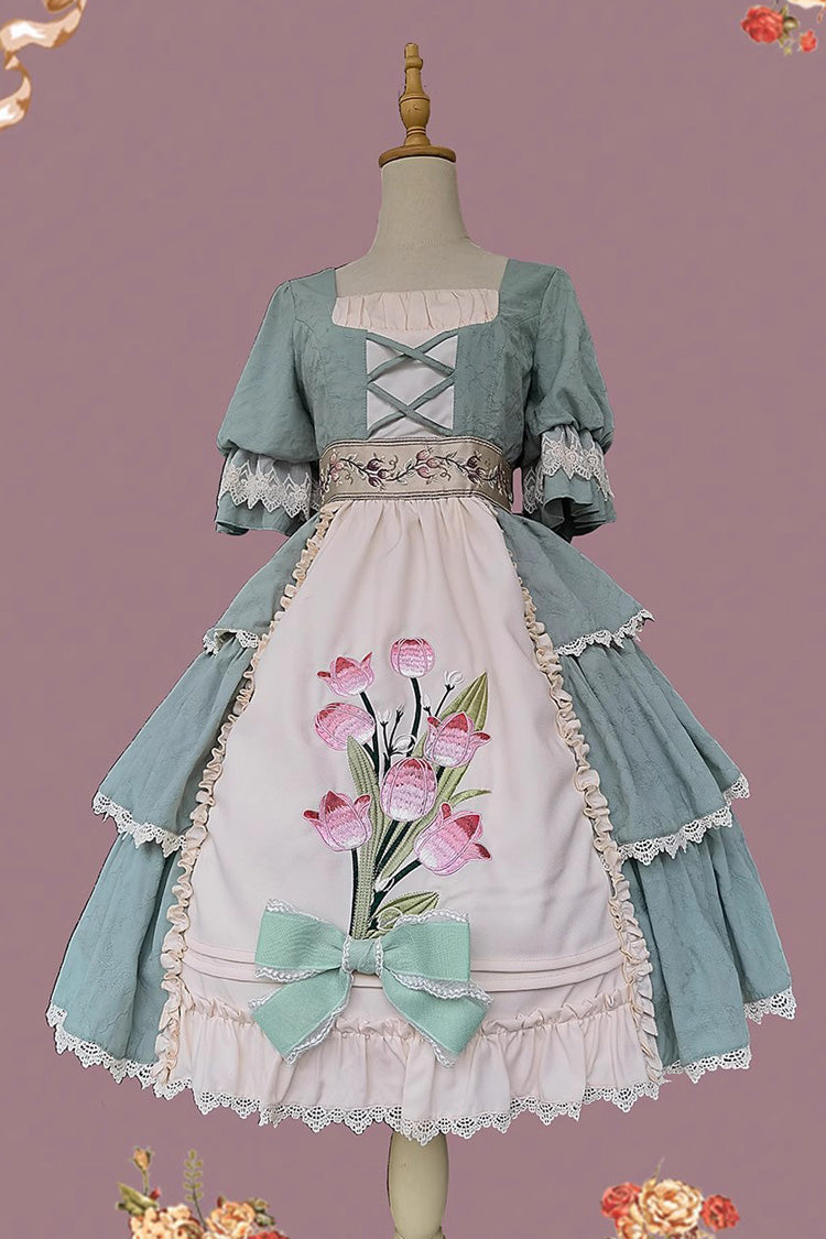 Elegant Lolita JSK with Tulip Print and Multi-Layer Embroidery