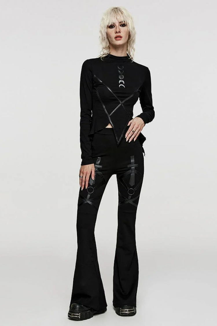 Steampunk Crescent Moon Tee with Leather Accents and Extended Sleeves