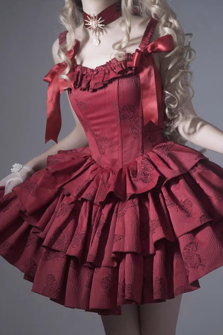 Burgundy Sleeveless Layered Ruffle Bow Boned Gothic Lolita JSK Dress