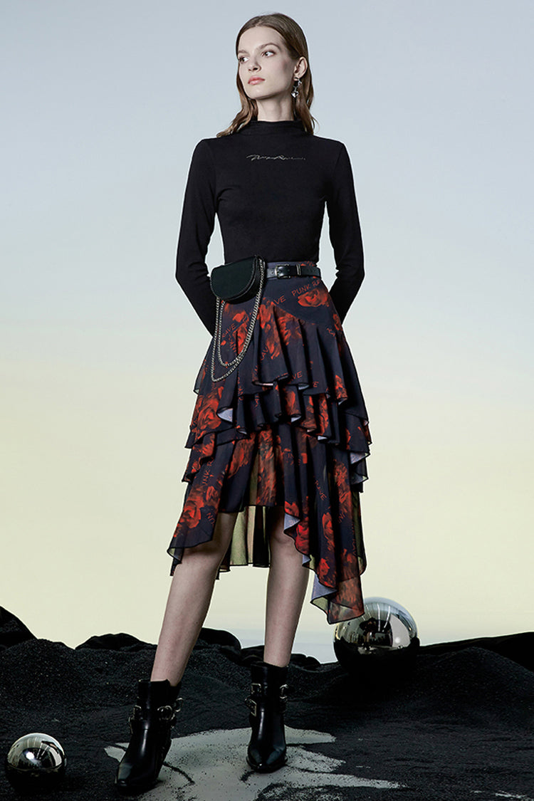 Crimson Noir Layered Chiffon Pattern Print High-Waist Punk Skirt