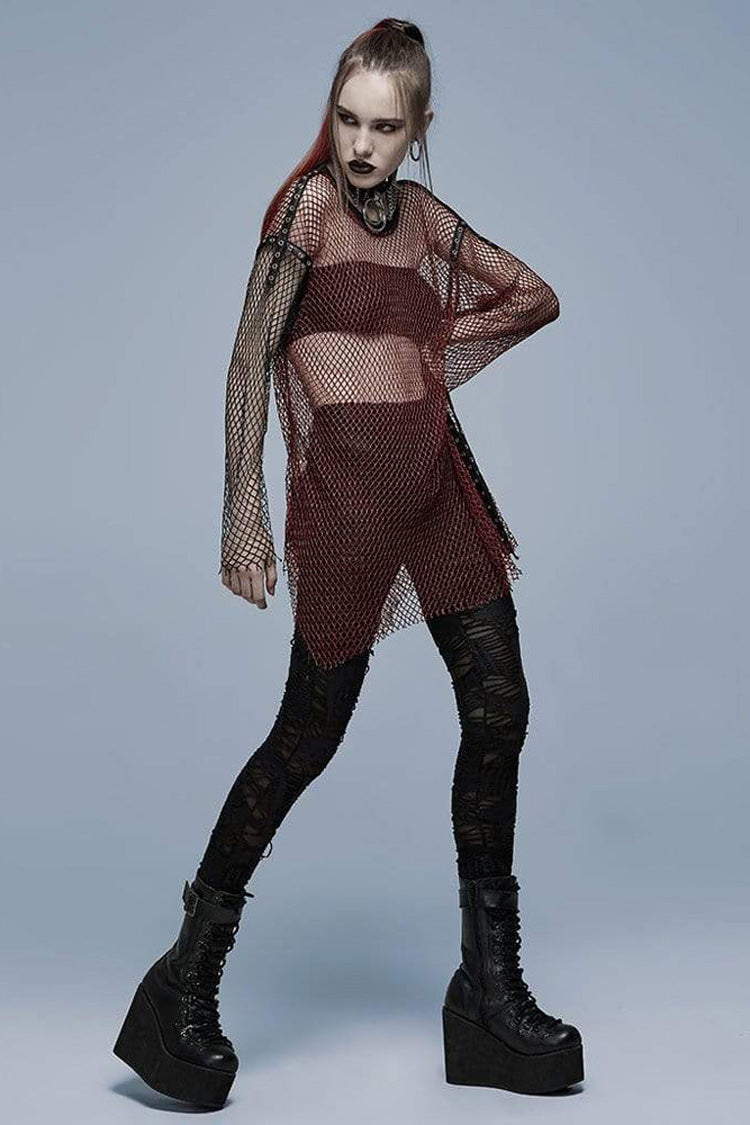 Burgundy Sheer Paneled Punk Shirt with Asymmetric Hem and Grommets