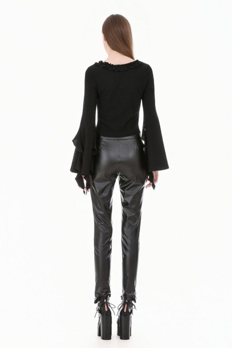 Women's Gothic Crop Top with Ruffled V-Neck, Split Trumpet Sleeves and Streamer