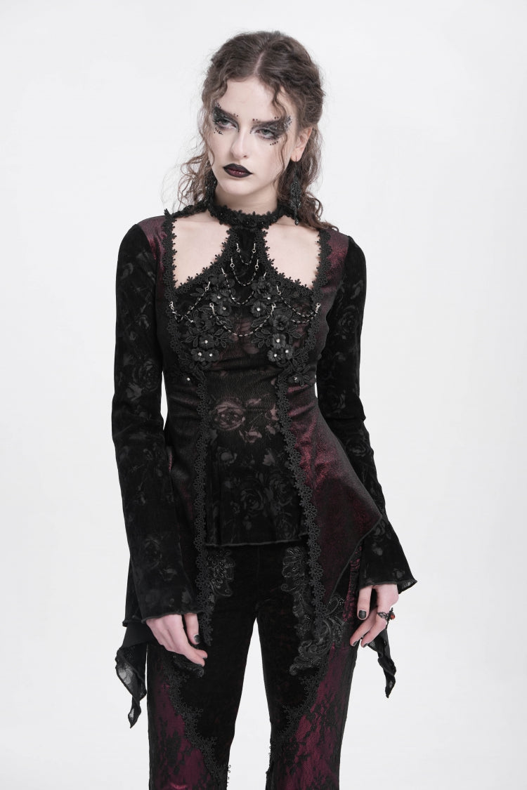 Crimson Gothic Blouse with Jacquard Cutout and Trumpet Sleeves