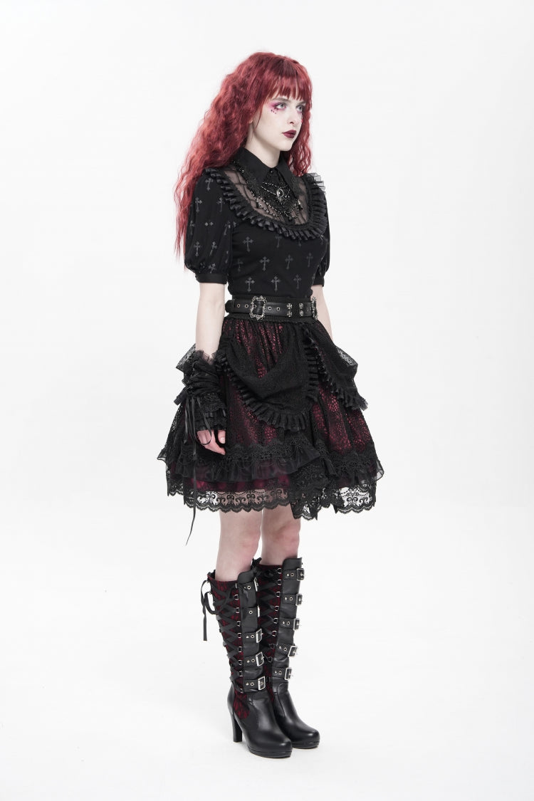 Crimson & Noir Multi-Layer Ruffled Buckle Strap Gothic Skirt