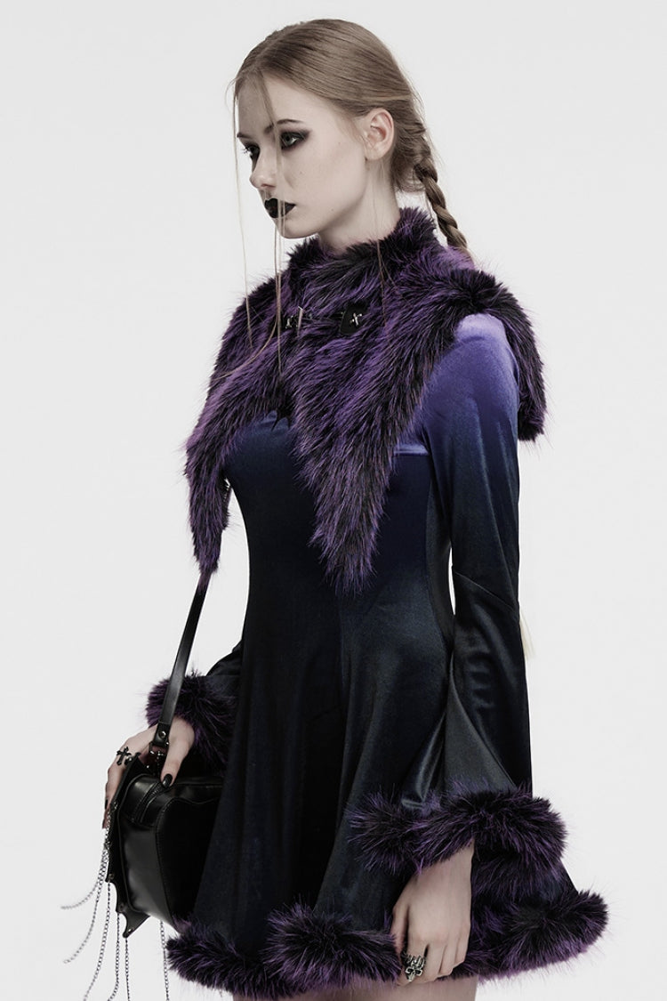 Violet Stand Collar Sleeveless Gradient Faux Fur Women's Gothic Cape
