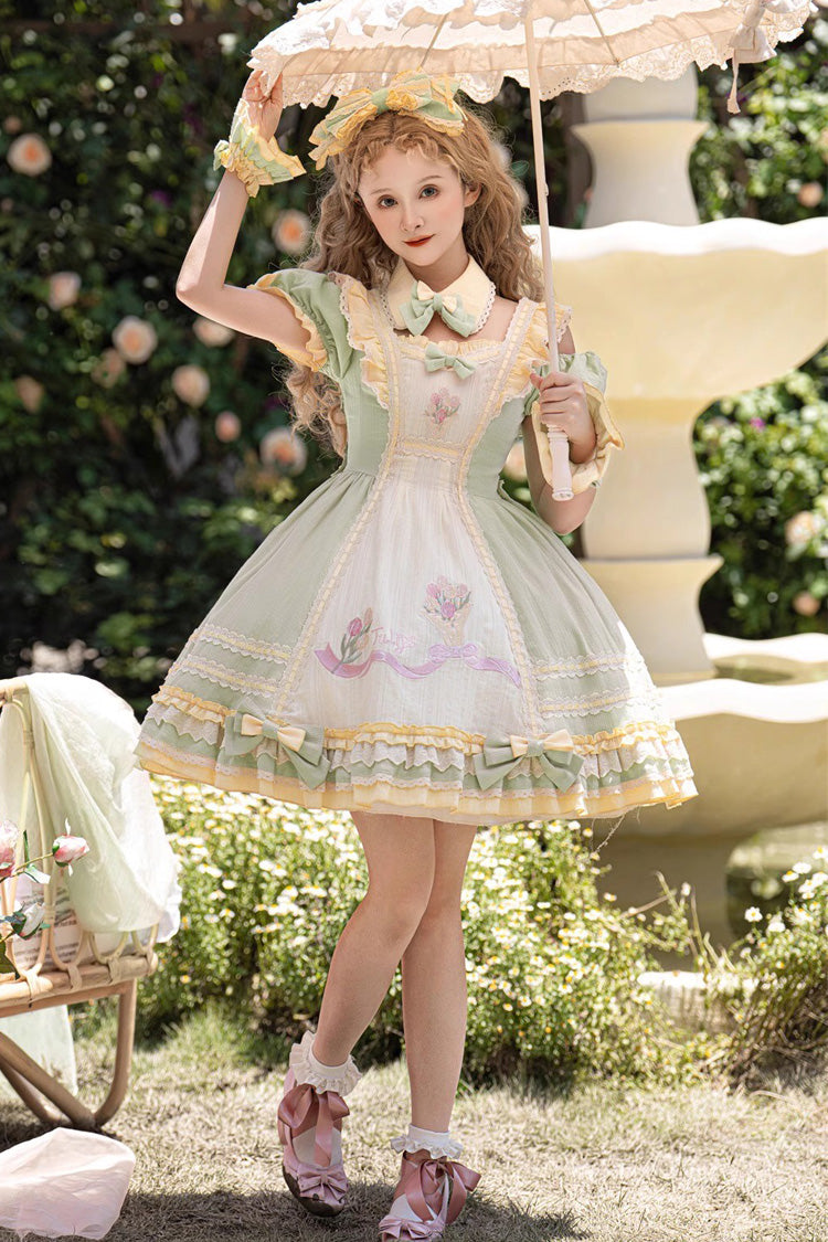 Emerald Short Sleeve Tulip Print Ruffle Bow Sweet Lolita Dress